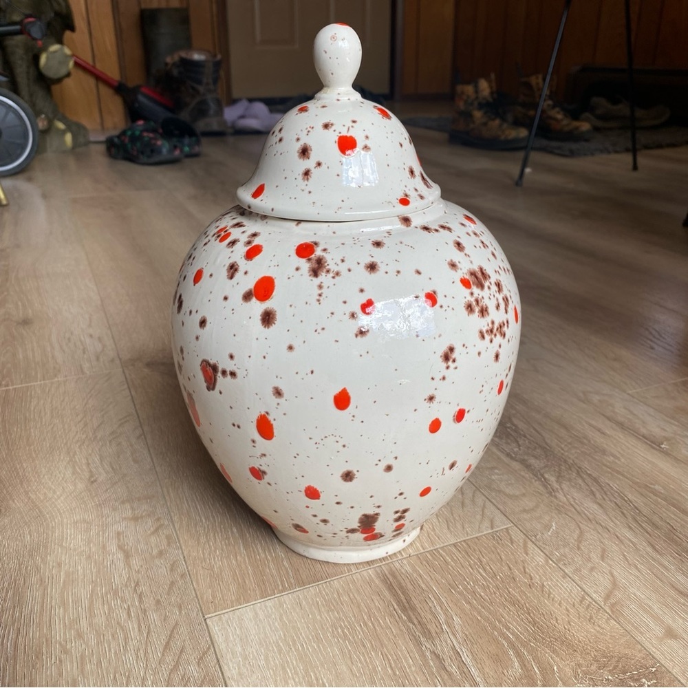 Vintage‎ 12” Pottery lidded jar beautiful speckled orange drip glaze MCM